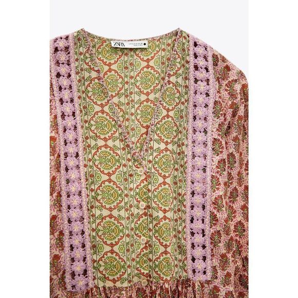 ZARA Cotton Printed Dress Crochet Detail New - Picture 6 of 7
